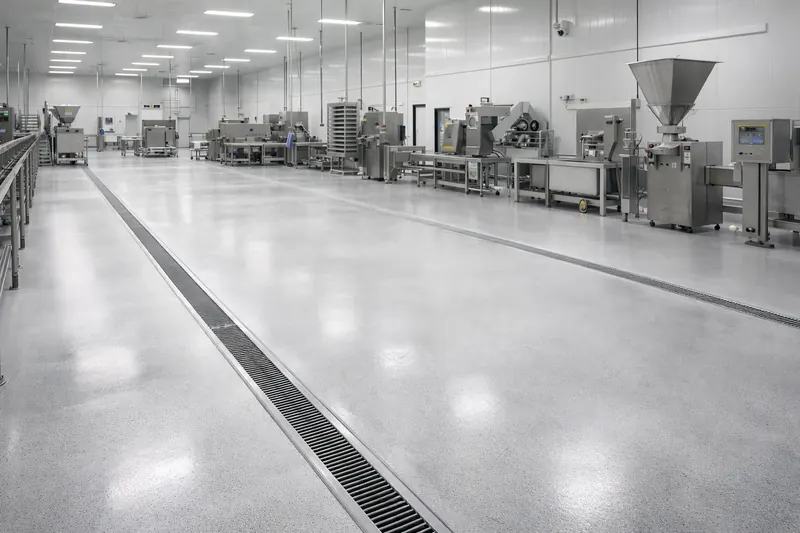 Food processing plant floor with drainage channel Baton Rouge