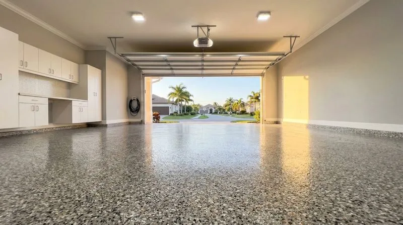 Completed garage with pristine epoxy floor