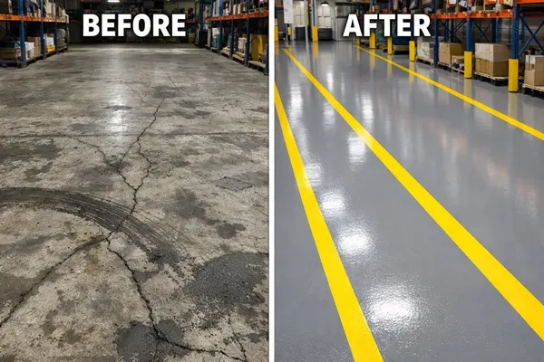 Warehouse before and after epoxy floor