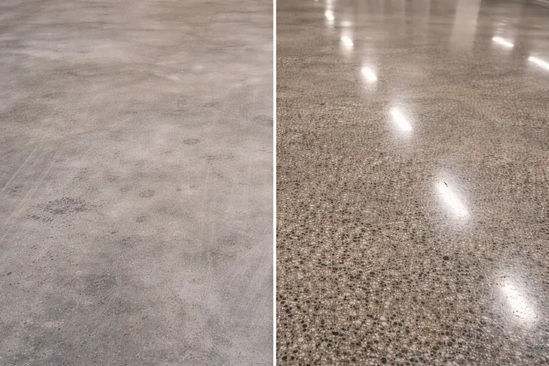 Polished concrete before and after — raw concrete vs high-gloss finish Baton Rouge