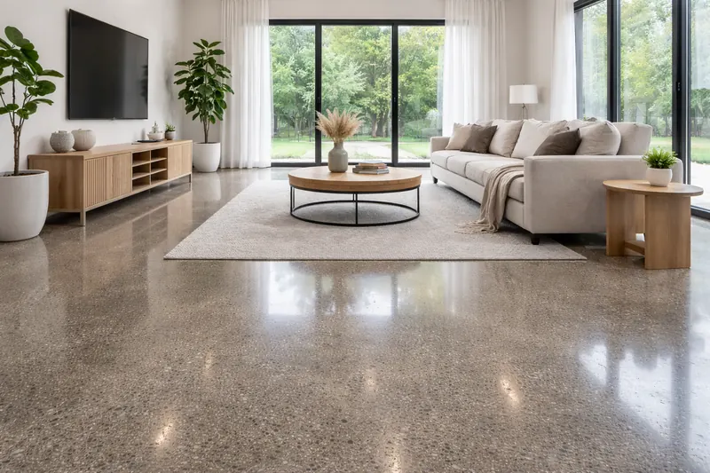 Polished concrete residential living room floor Baton Rouge