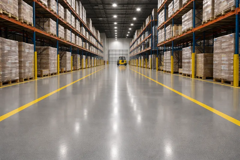 Warehouse epoxy floor with yellow safety line markings Baton Rouge